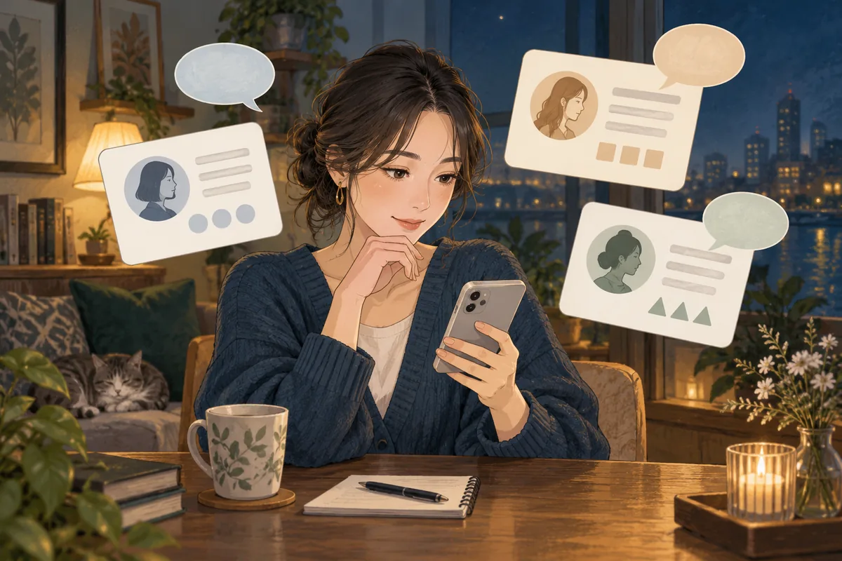 スマートフォンで複数の口コミ傾向を落ち着いて比較する女性