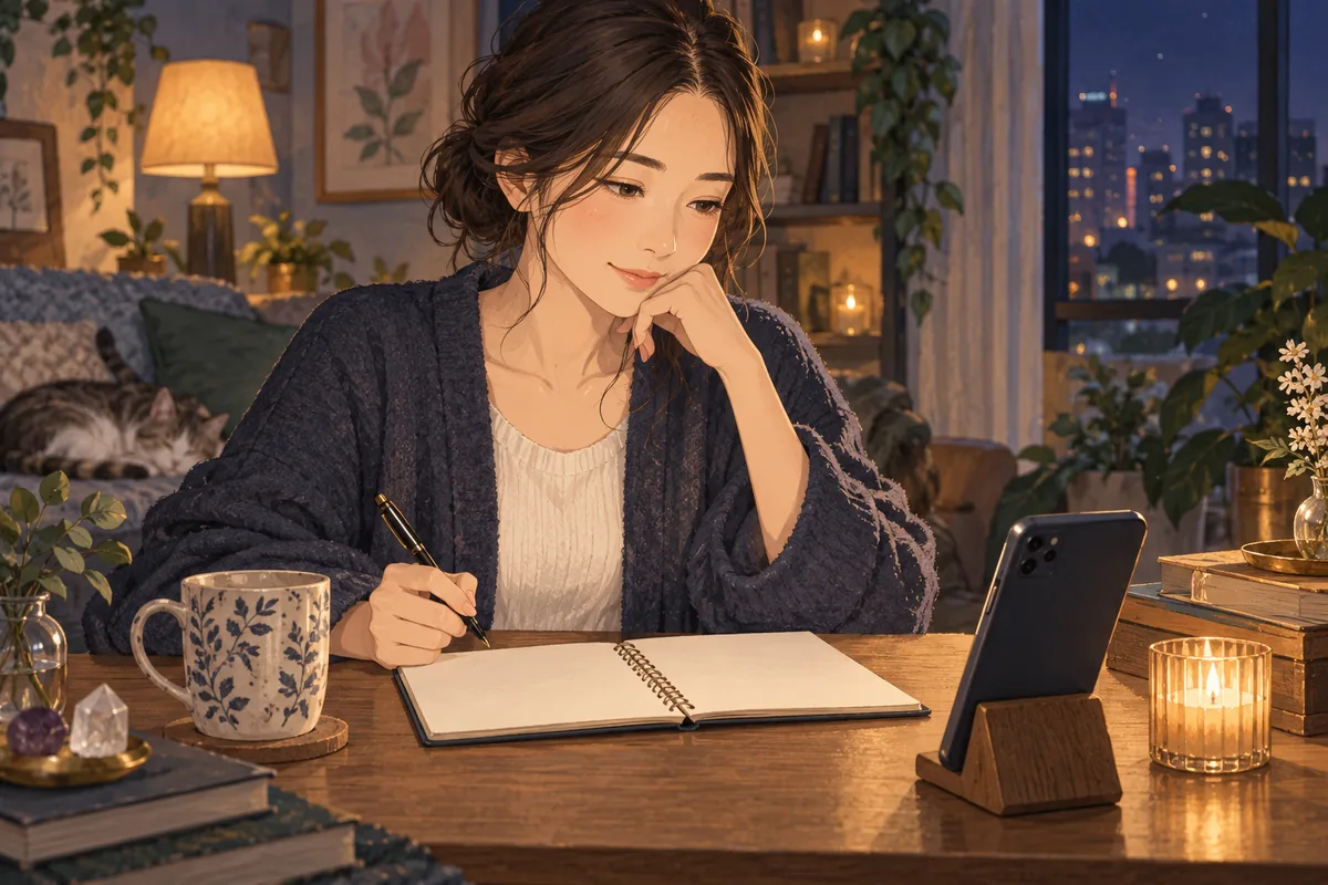 電話相談前に名前と聞きたいテーマをノートへ整理する女性