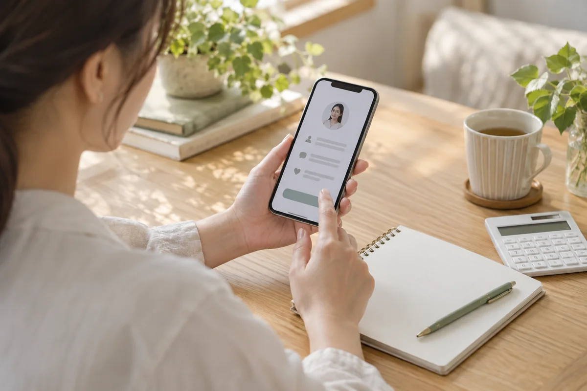 スマートフォンとノートで相談前にプロフィールと料金を確認するイメージ