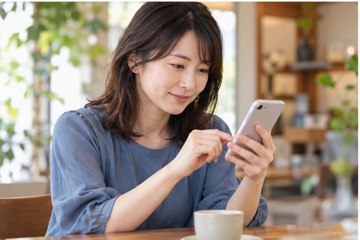 スマートフォンを自分に向けて占い予約を確認する女性