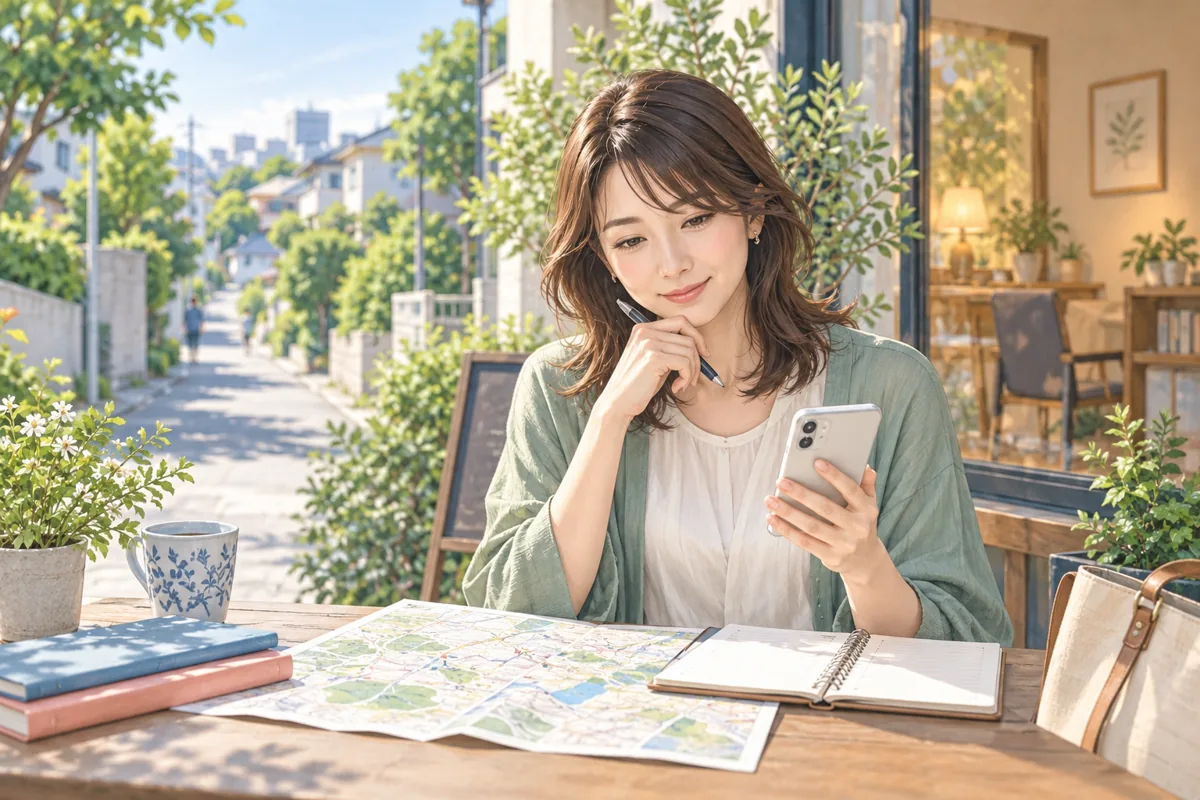 東村山市の占い相談先を地図とスマートフォンで比較する女性