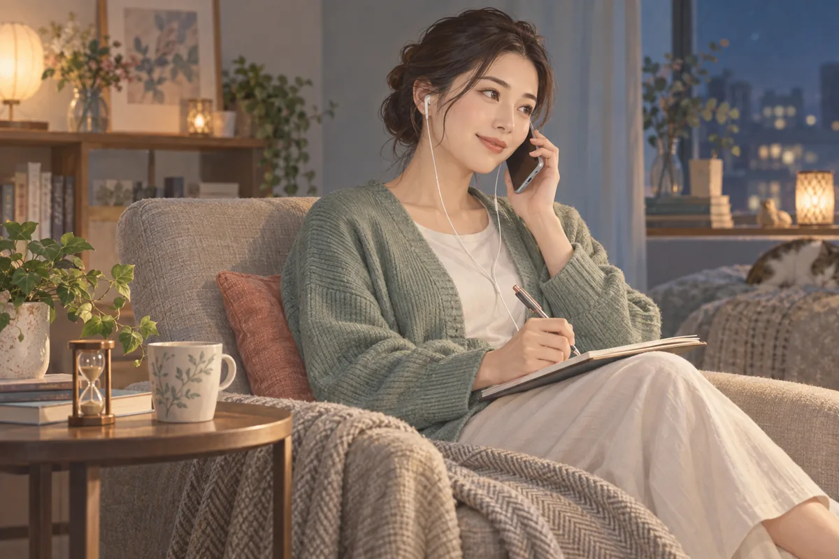 自宅で時間と予算を確認しながら電話相談する女性