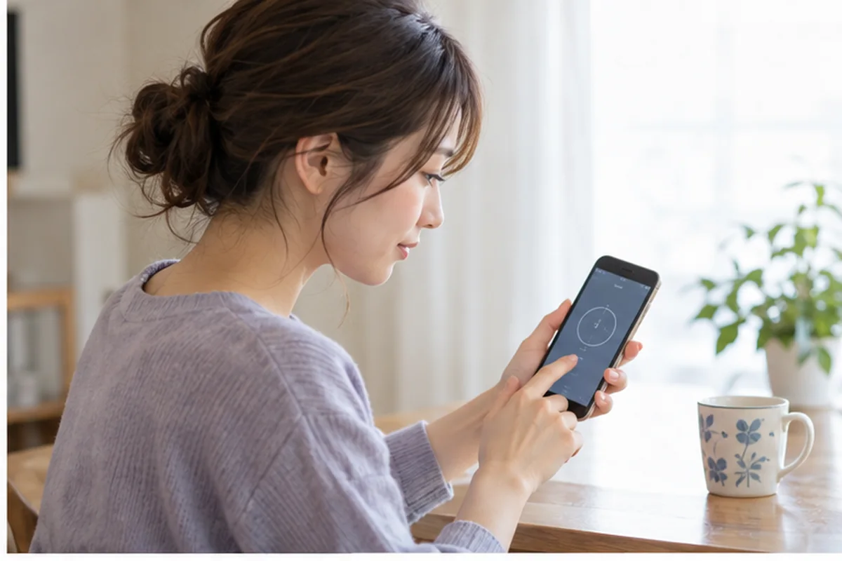電話占いカリスの緋彩（ひいろ）先生の公式情報をスマートフォンで確認する女性