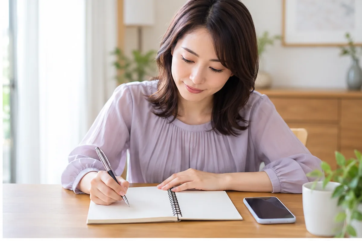 電話相談で聞く質問をノートに整理する女性