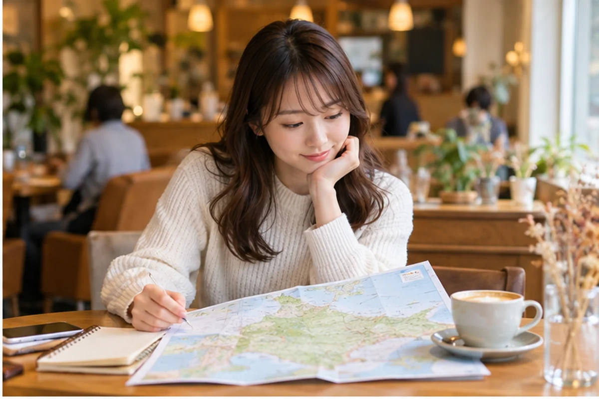 北海道の地図を見ながら訪れる占い店を選ぶ様子