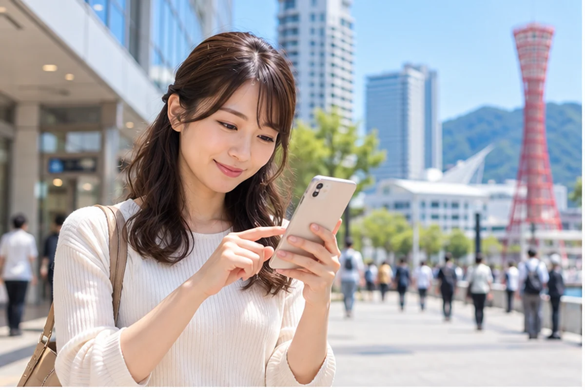 神戸の街で兵庫の占い店をスマートフォンから探す女性