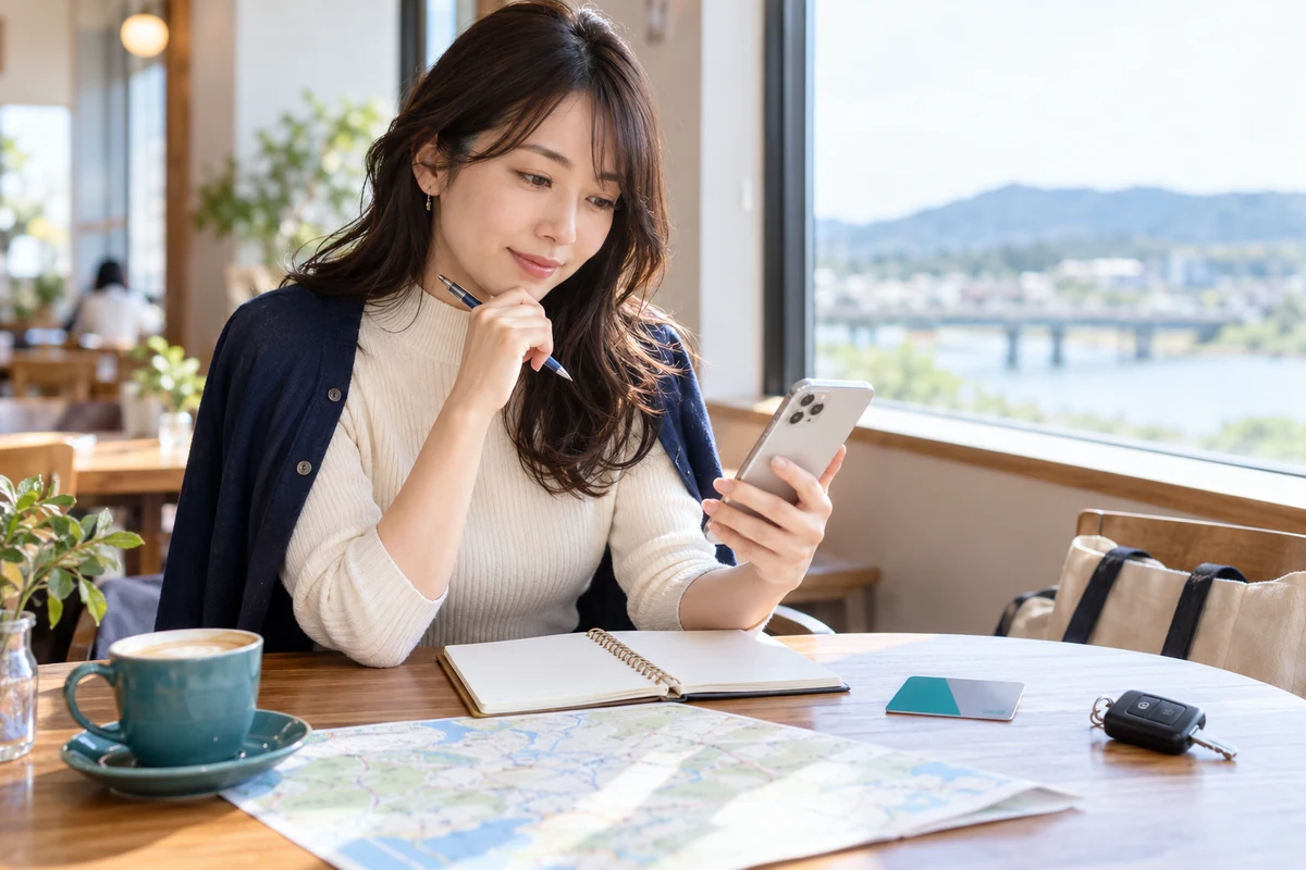 茨城の占い店をスマートフォンと地図で比較する女性
