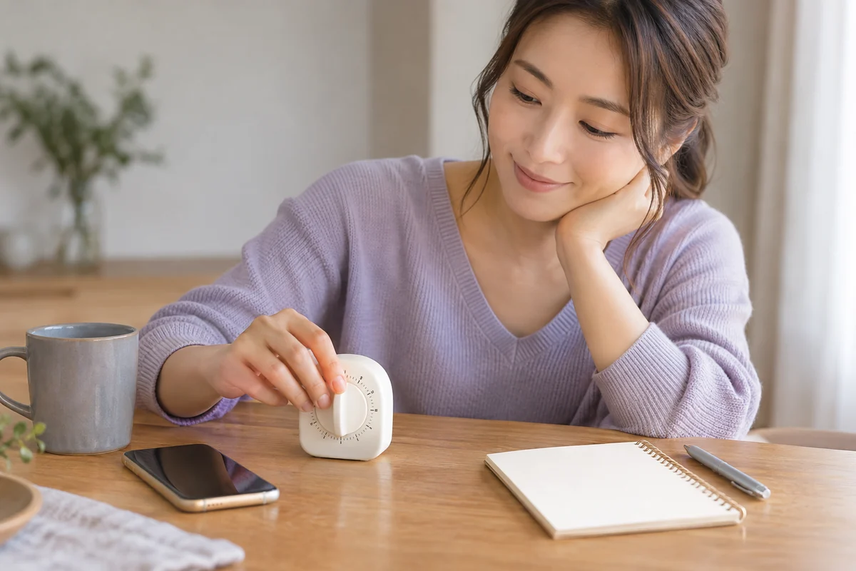 時計とメモを見ながら電話相談の時間を決める女性のイメージ