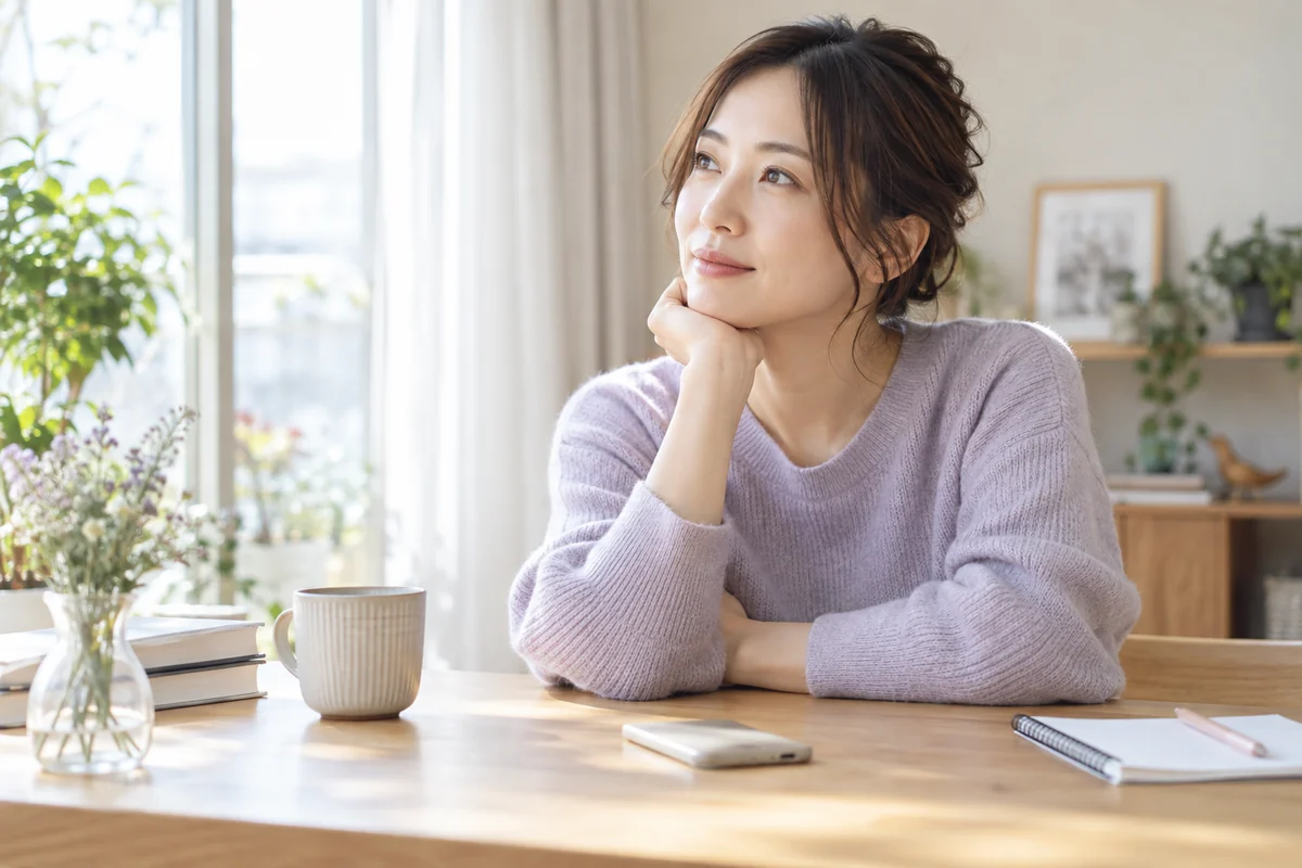 連絡するか待つかの選択肢を落ち着いて考える女性のイメージ