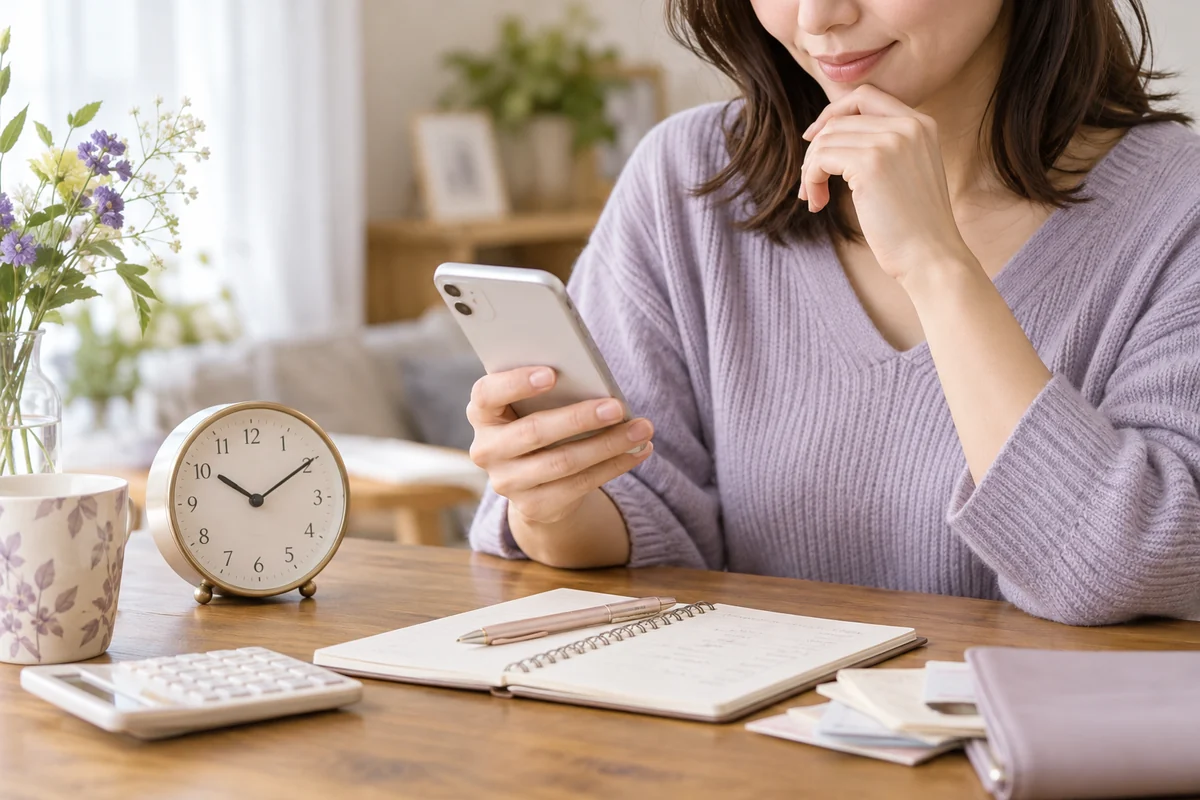 スマートフォンとノートで電話相談の予算を確認する女性のイメージ