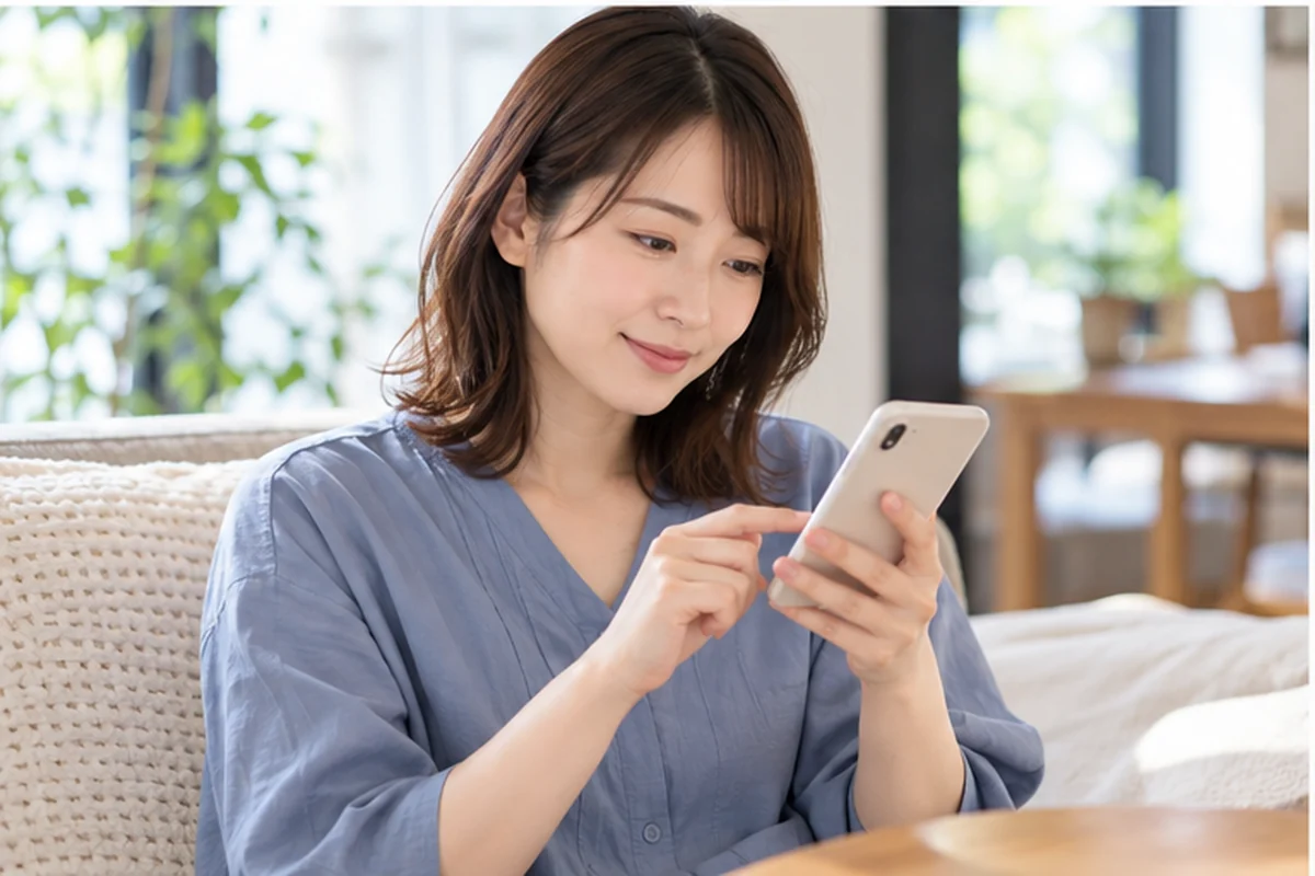 スマートフォンを自分に向けて稲城周辺の占い予約を確認する女性