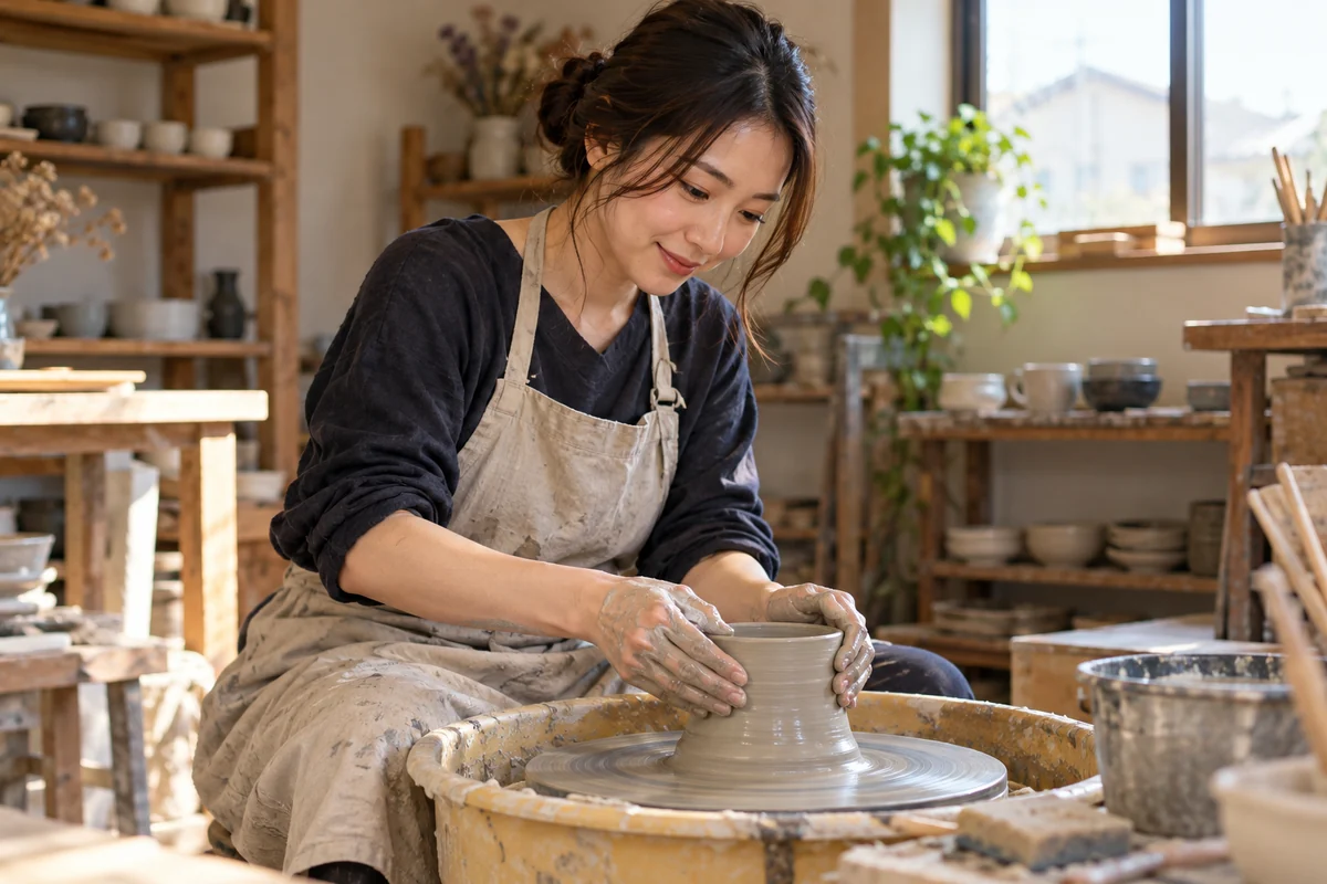 陶芸の趣味に集中して自分の時間を楽しむ女性