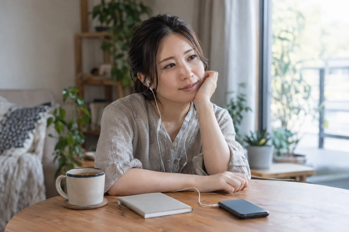 自宅でイヤホンを使い電話相談をする女性のイメージ