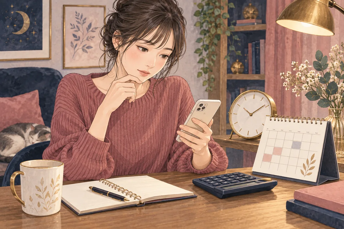 スマートフォンと時計、電卓で相談時間と予算を決める女性
