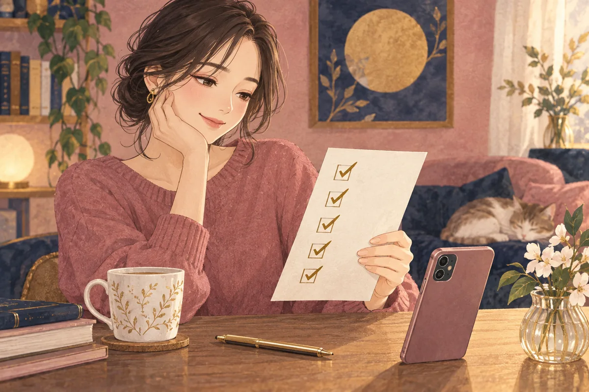 スマートフォンとチェックリストで疑問を整理する女性