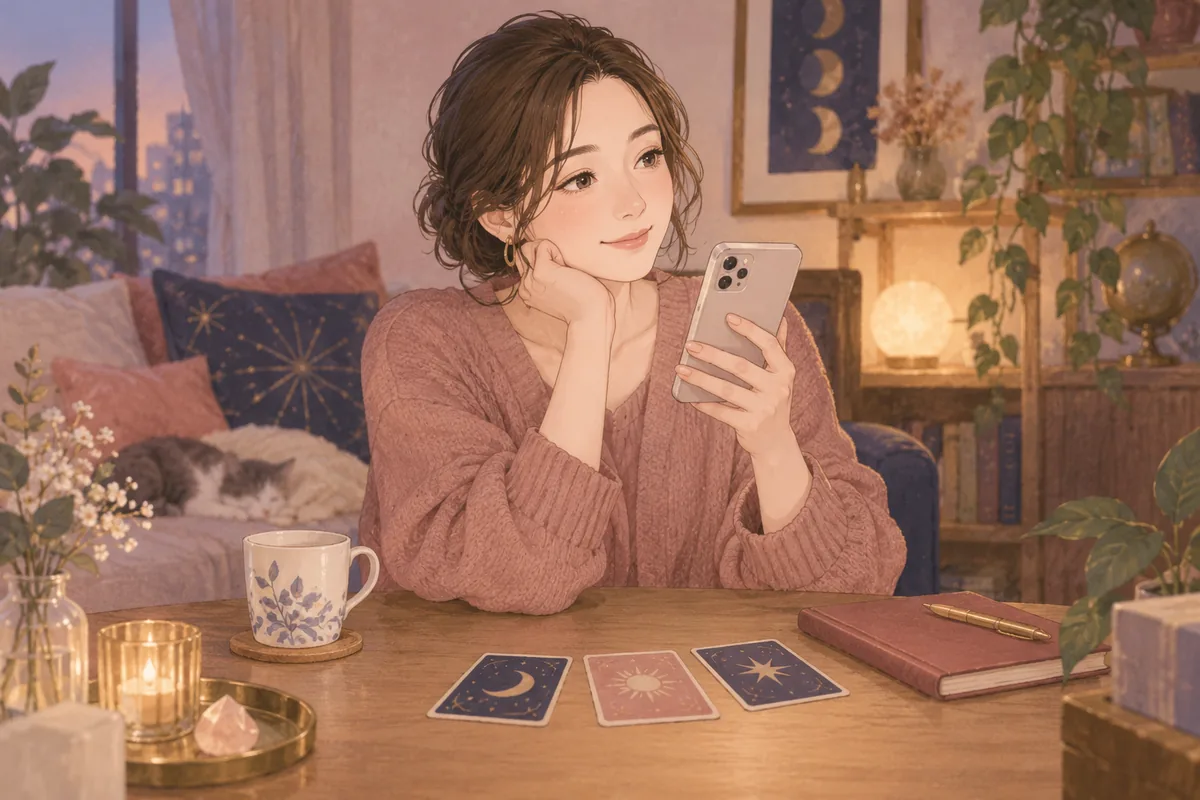 スマートフォンで電話占いへの相談を考える女性