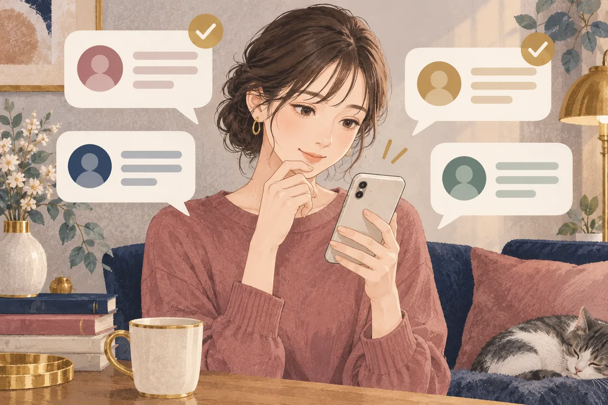 スマートフォンで複数の口コミ傾向を比較する女性