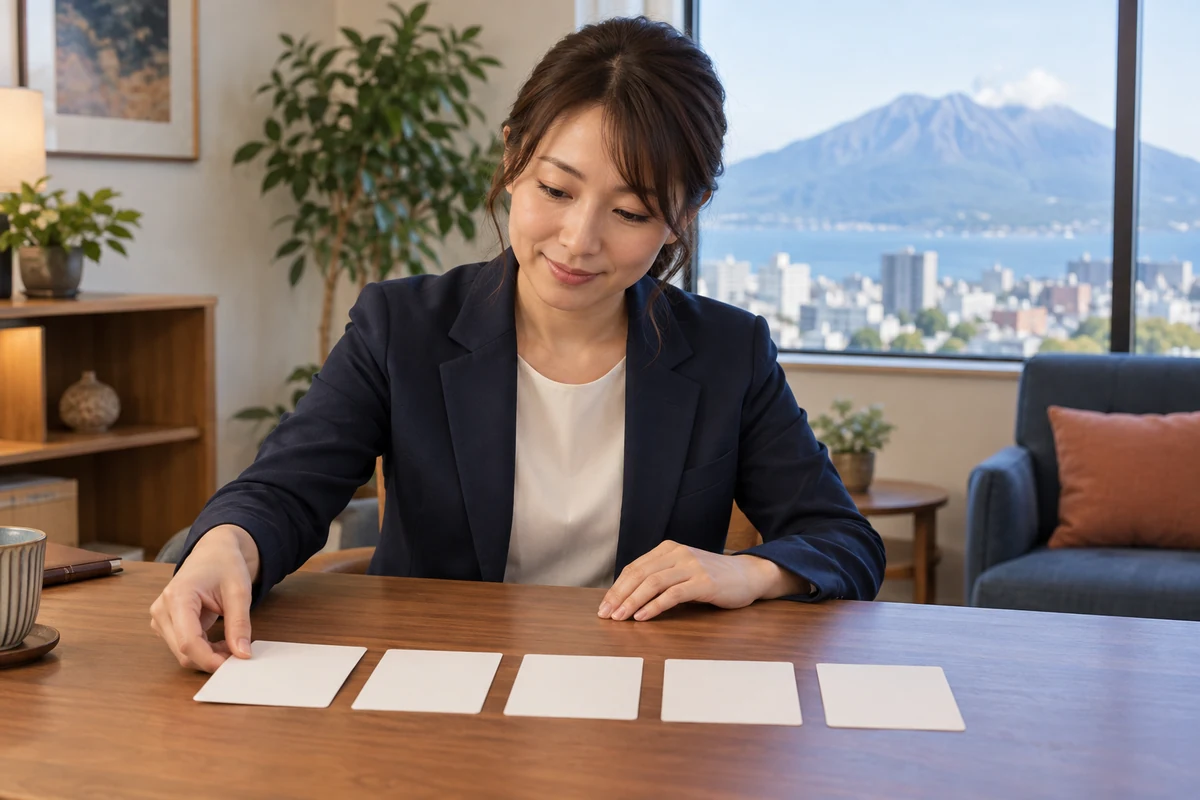 鹿児島の探偵相談前に五つの疑問をカードへ整理する成人女性のイメージ
