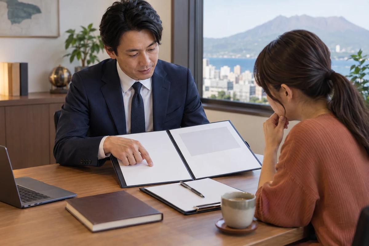 調査報告書の見本と法律相談のメモを確認するイメージ