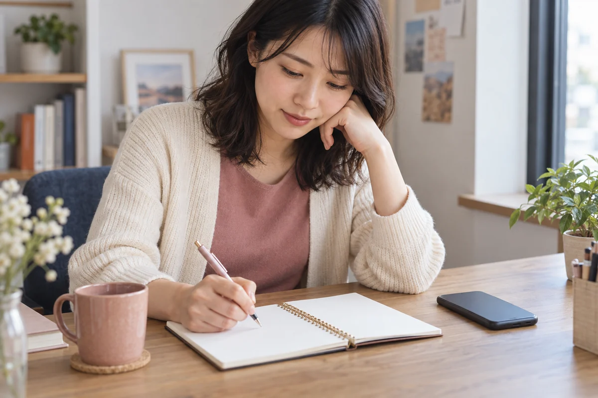 彼氏への不安と確認したい事実をノートに整理する女性