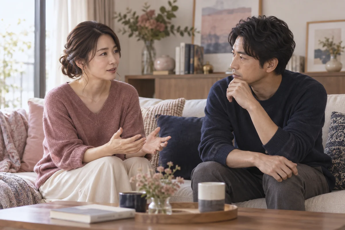 落ち着いた場所で彼氏の嘘について話し合うカップル