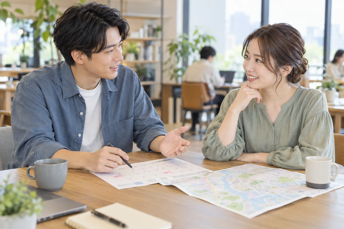 予定と行き先を相談しながら外出の境界線を確認する男女