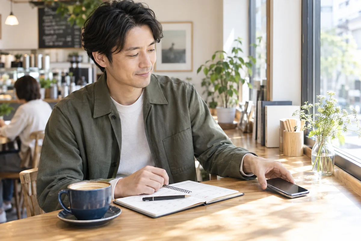 短く分かりやすい誘い方を考えてスマートフォンを置く男性