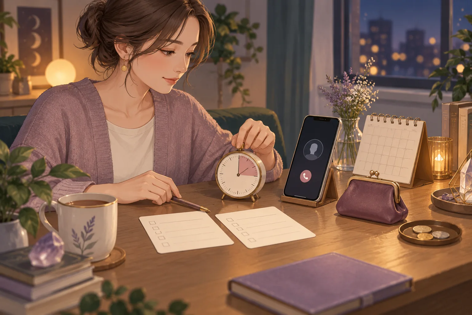 スマートフォンとタイマーで相談時間と予算を準備する女性のイメージ