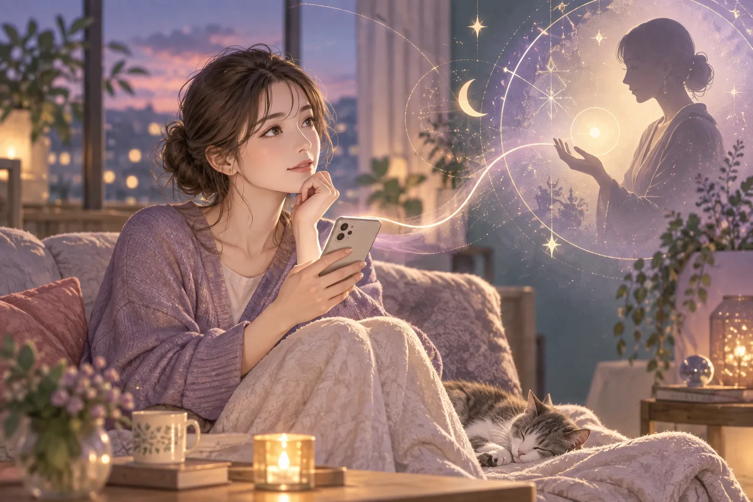 スマートフォンで電話占いへの相談を考える女性のイメージ