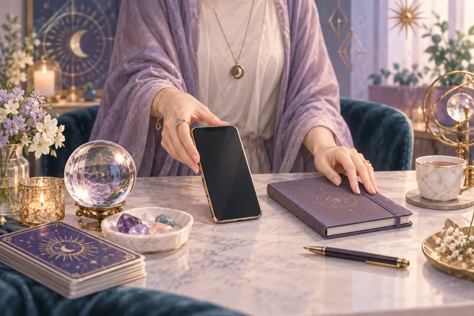 スマートフォンと相談道具を整える電話占いのイメージ