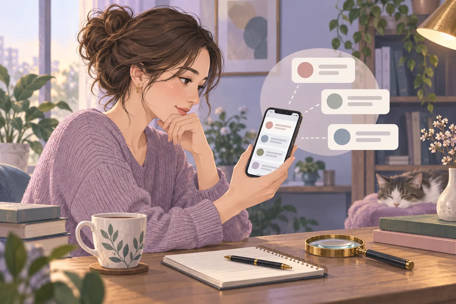 スマートフォンで複数の口コミ傾向を確認する女性のイメージ
