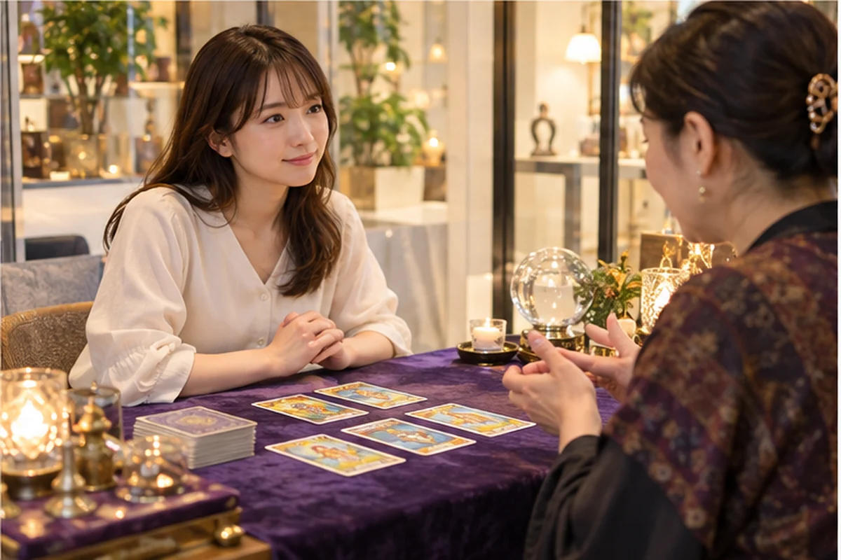 錦糸町の占い店の出演日と料金を確認する女性