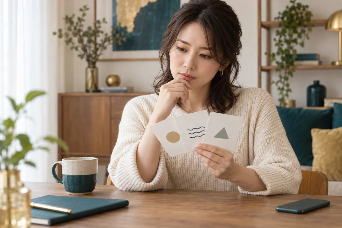 複数の無記名口コミカードを落ち着いて比較する成人女性のイメージ