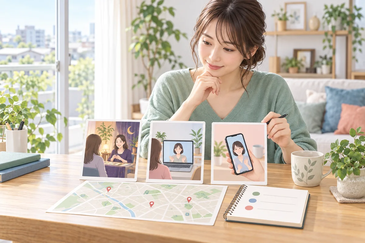 清瀬市と周辺の占い相談先を地図と料金で比較する女性