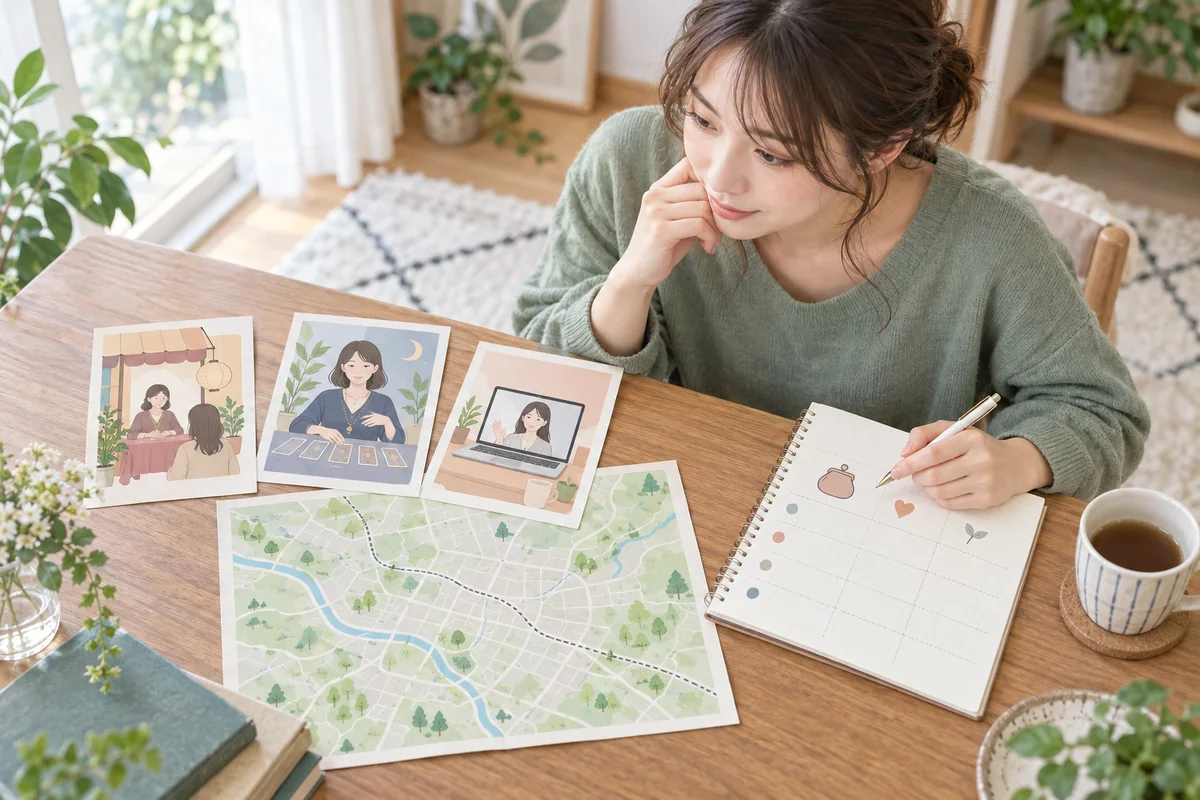 清瀬市と周辺の占い相談先を地図と料金表で比較する女性