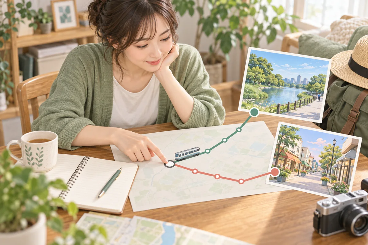 秋津駅とひばりヶ丘駅周辺の占い相談先を路線図で確認する女性