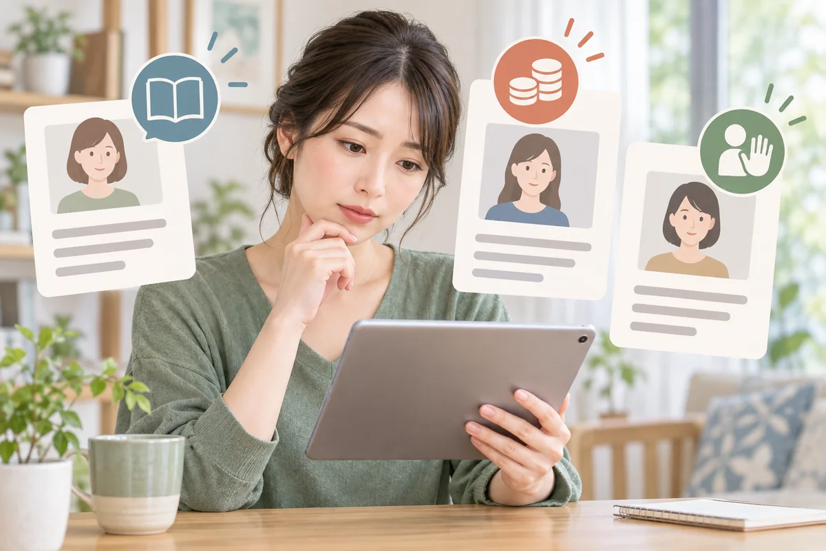 占いの口コミから説明の丁寧さと料金案内を確認する女性