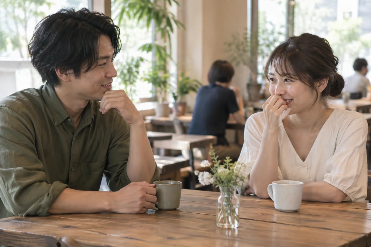 カフェで少し照れながら会話する男女