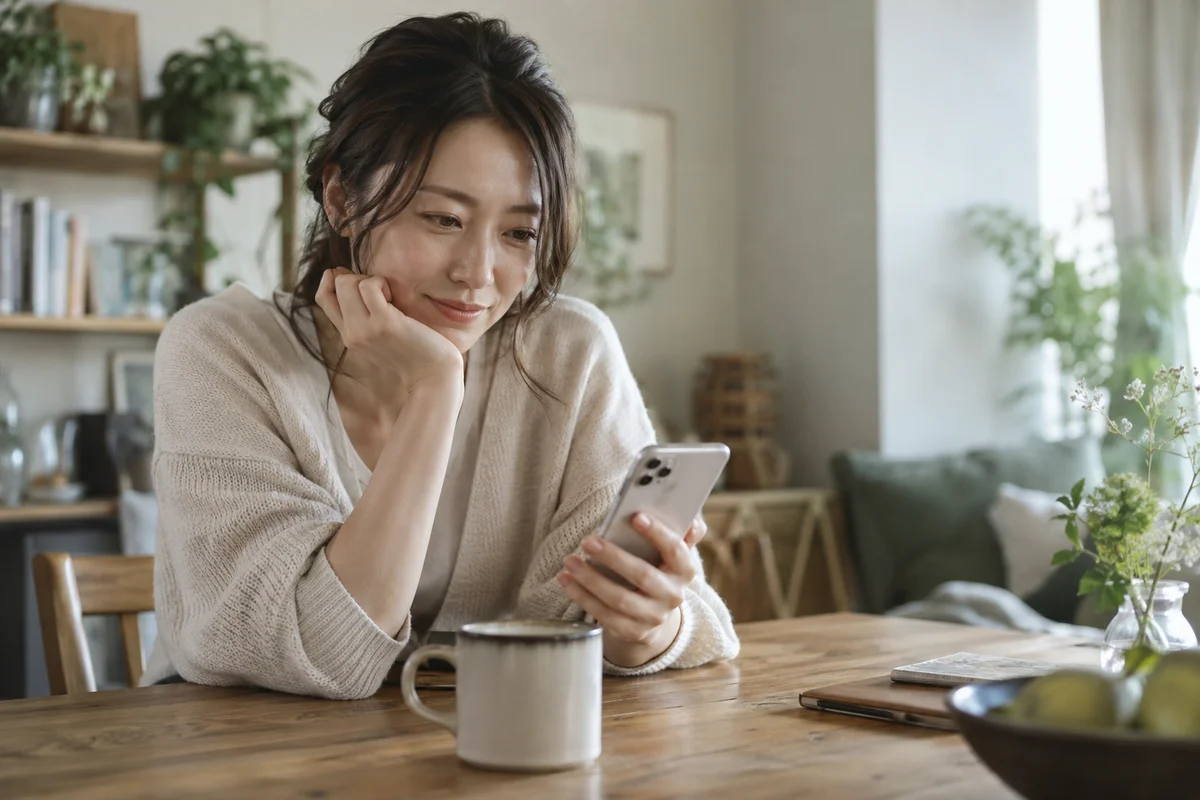 短いメッセージを考える女性