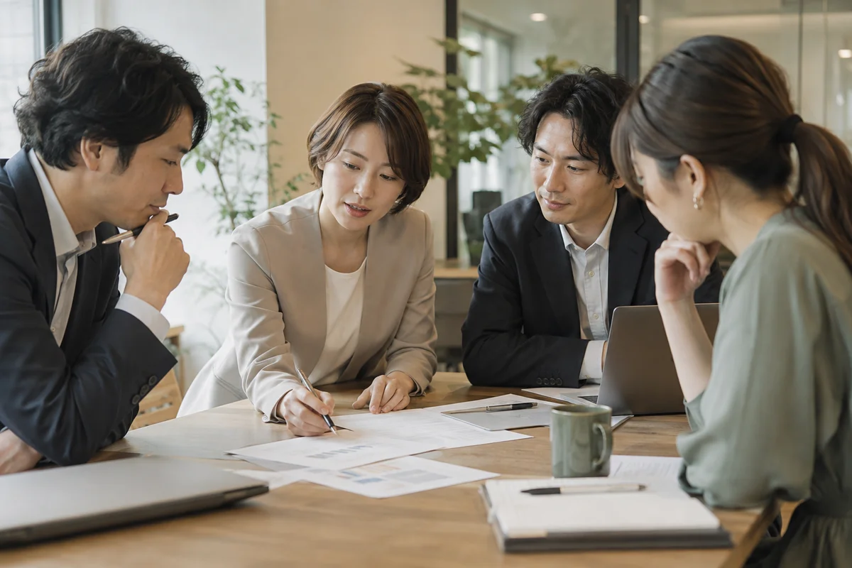 職場で穏やかに仕事の話をする男女