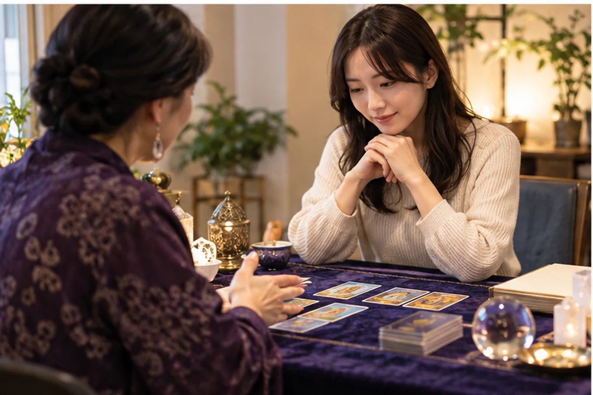国分寺の占い店の料金と経路を確認する女性