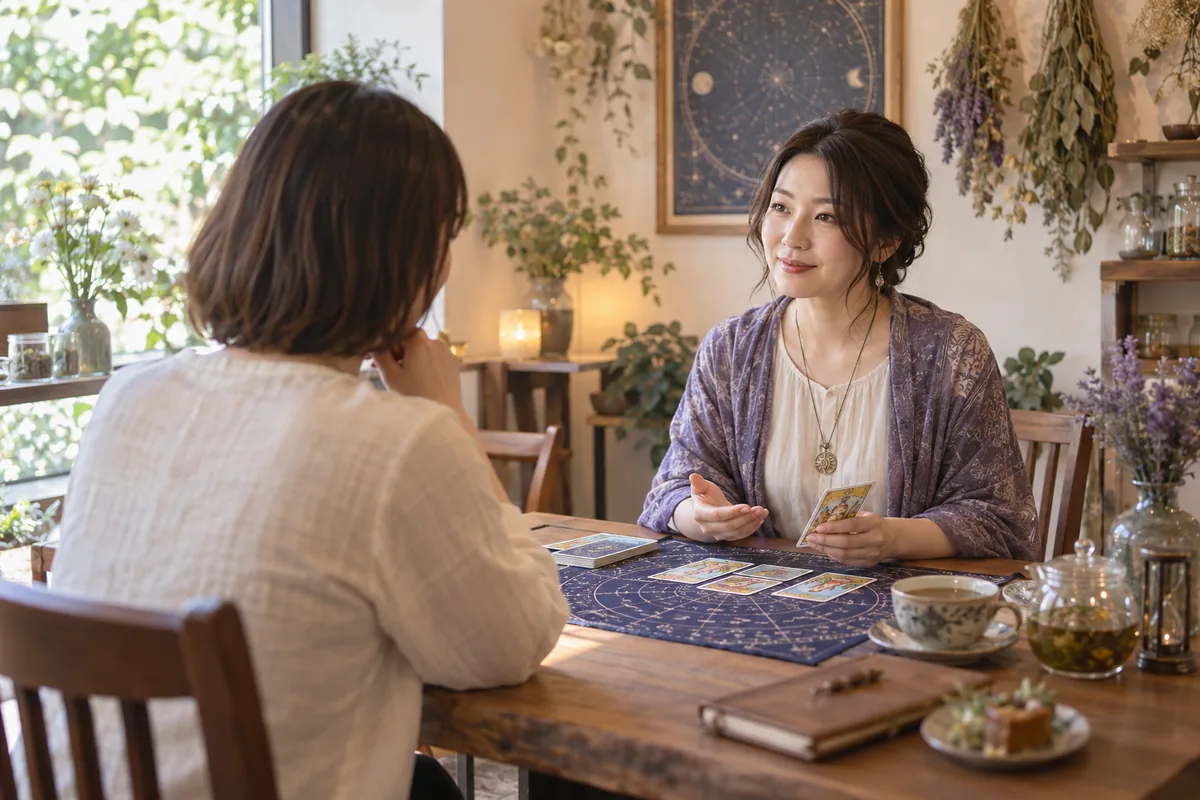 ハーブのあるカフェで落ち着いて対面占いを受ける女性