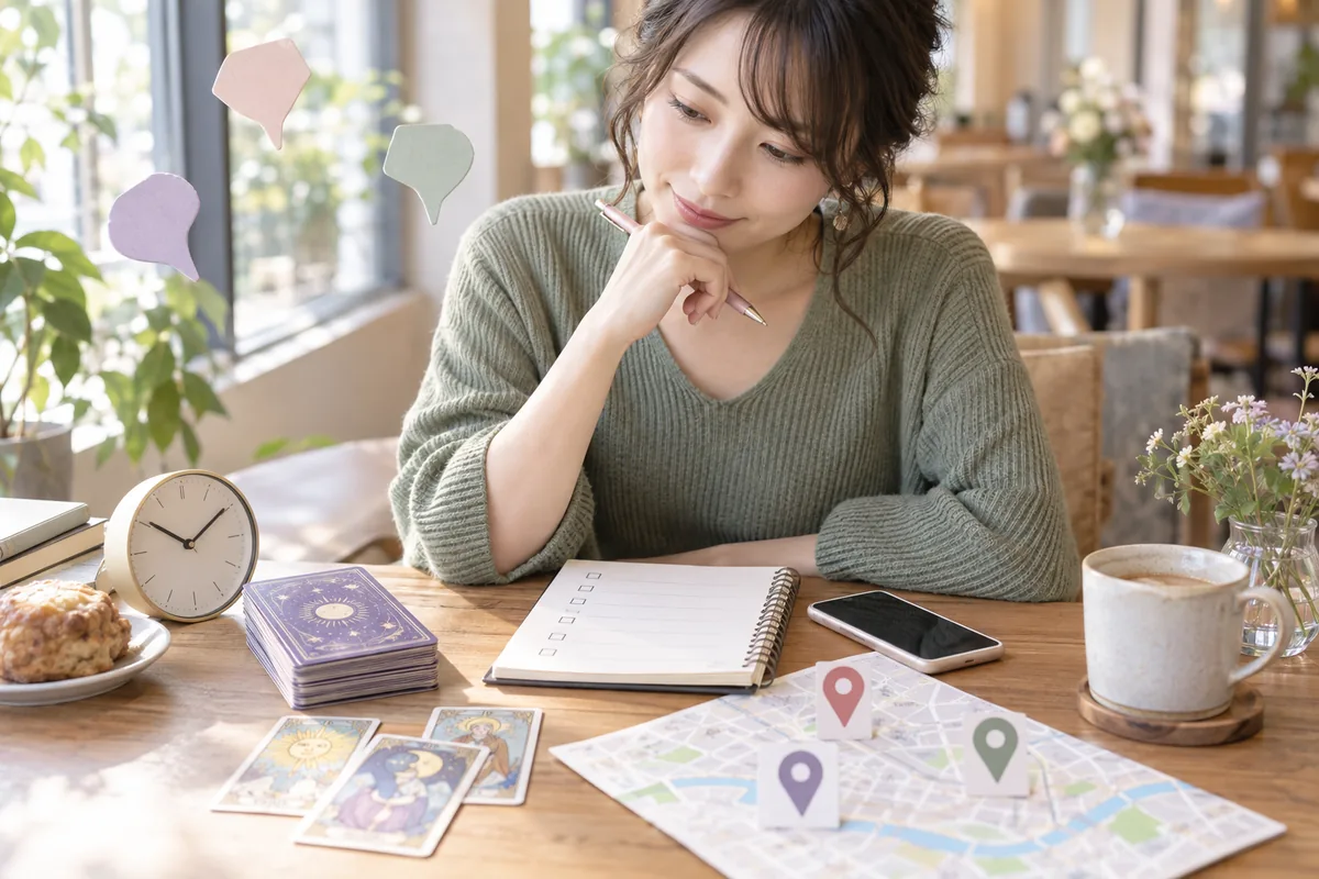 地図と時計とカードを見ながら占い予約の疑問を整理する女性