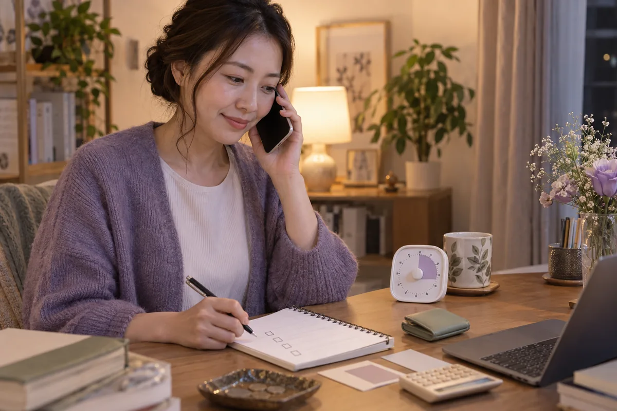 自宅で質問メモとタイマーを用意して電話占いを利用する女性