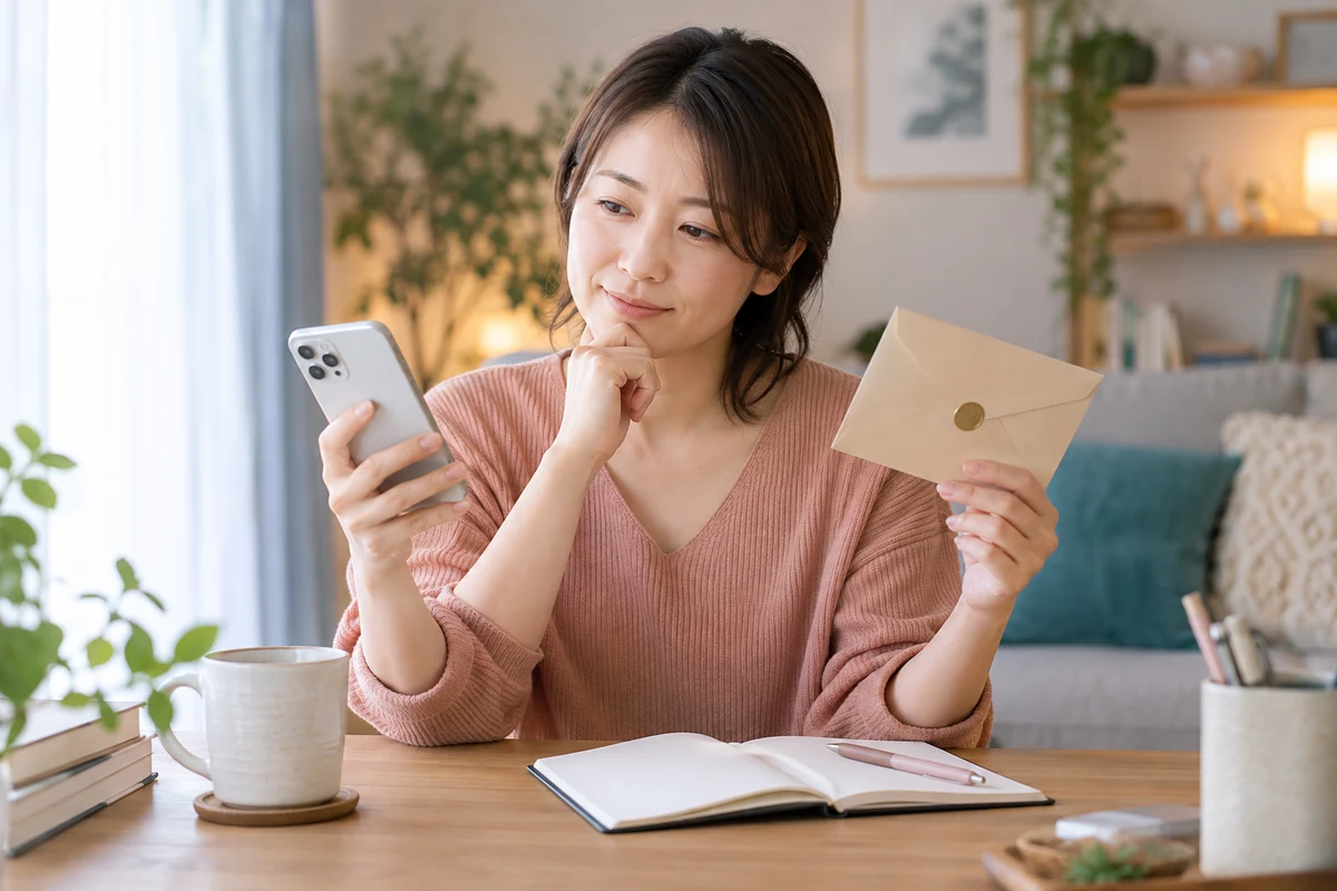 電話相談前に相談方法を落ち着いて選ぶ女性のイメージ