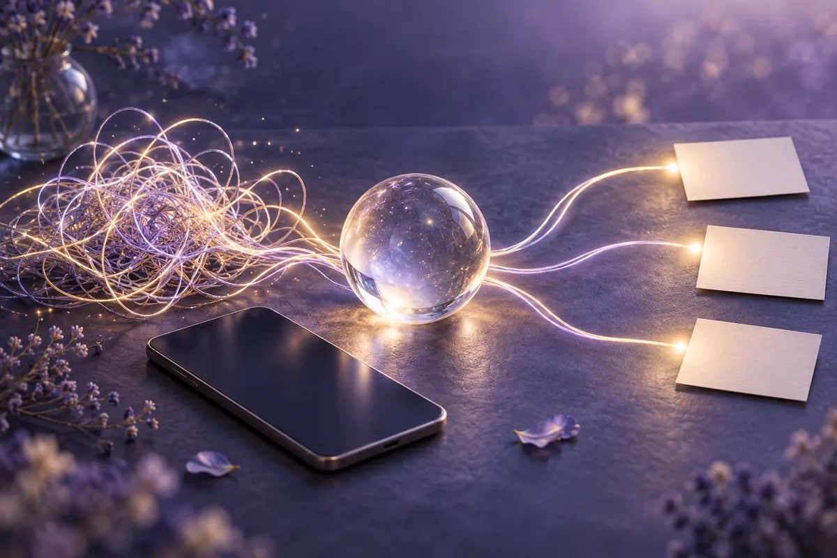 絡まった光の糸が三つの道へ整理される水晶球とスマートフォンのイメージ