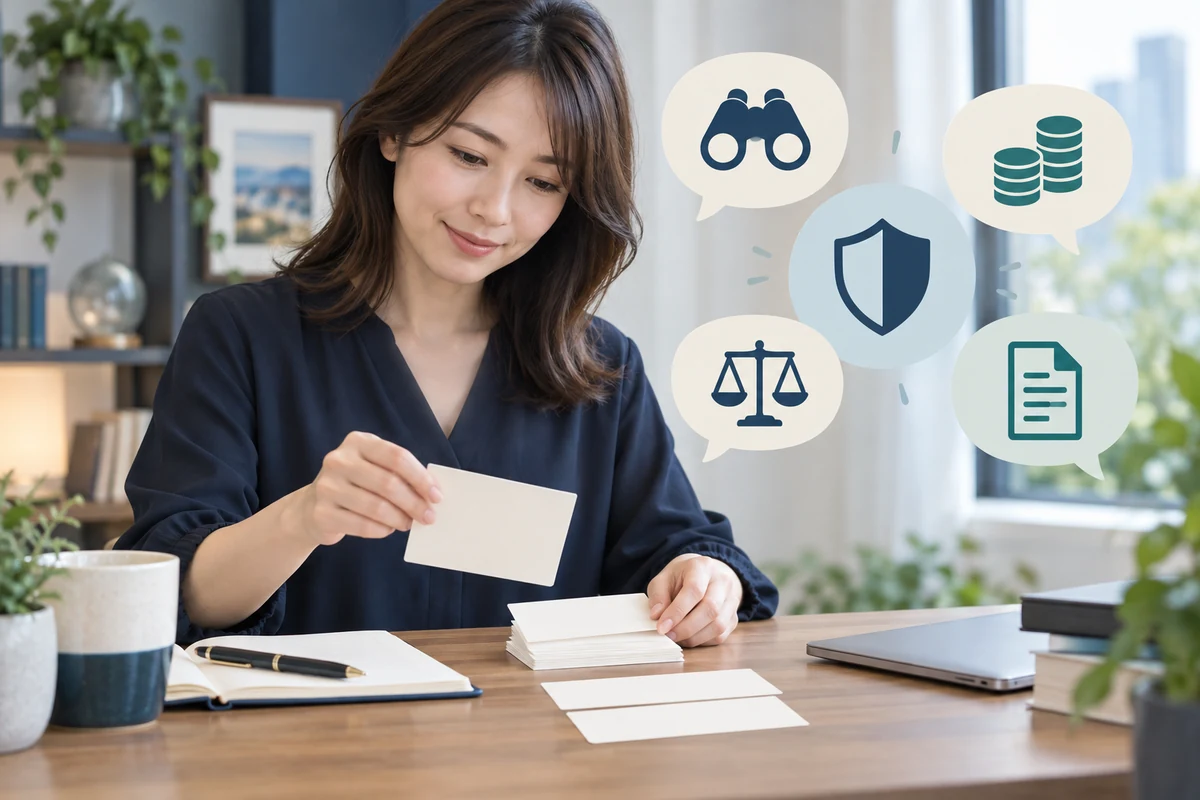 興信所への質問を個人情報のないカードに整理する成人女性のイメージ