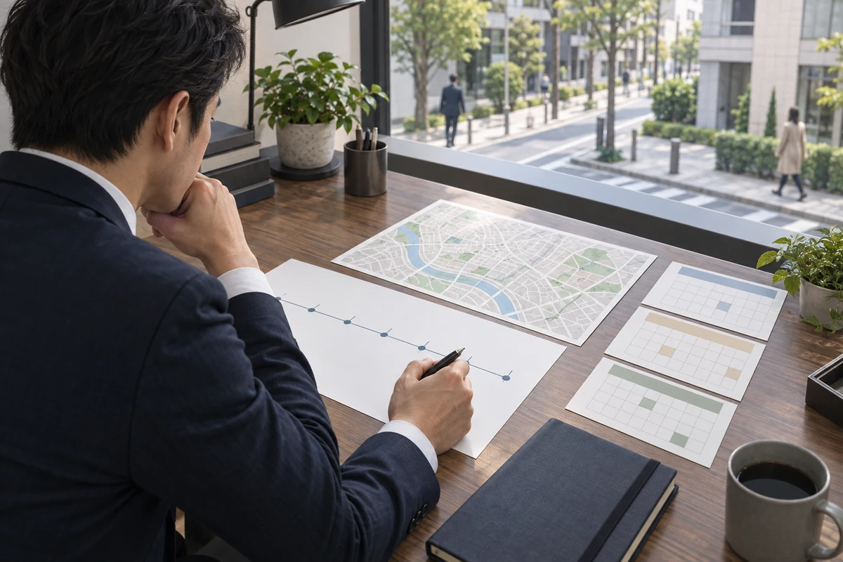 公開資料と地図と時間を照合して調査方法を整理する成人のイメージ