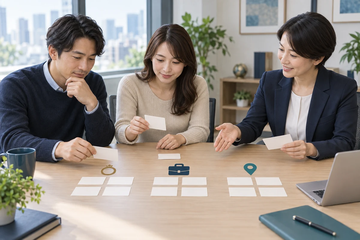 婚前調査と素行調査と所在確認の目的を無地カードで整理する成人のイメージ