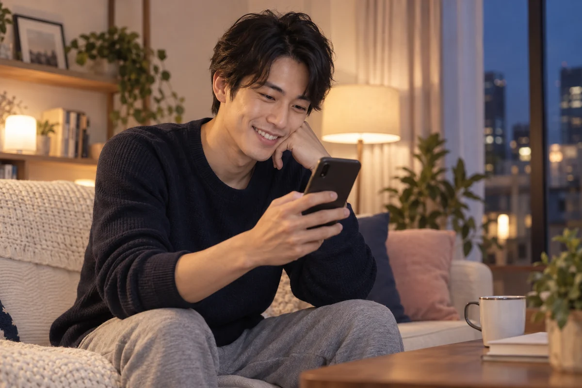 好意を感じるメッセージに笑顔になる男性